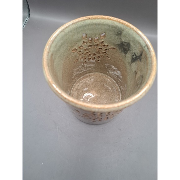 Art Pottery Brown Glazed Snowflake Candle Holder Artist Signed - Picture 7 of 16